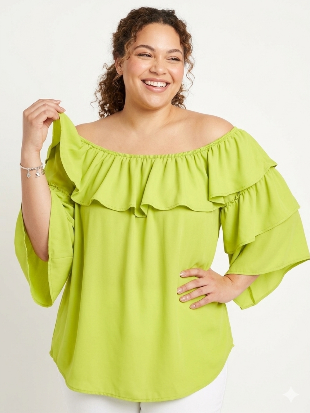 Ashley Stewart Bright Lime Off-Shoulder Ruffle Blouse